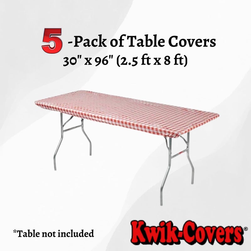 Kwik-Covers 8' Rectangle Plastic Table Covers 30" x 96", Bundle of 5 (Red Gingham) - Image 2